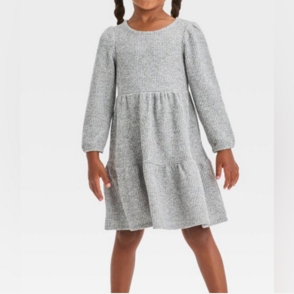 Cat & Jack Grey Waffle Knit Tiered Long Sleeve Dress - Picture 1 of 7